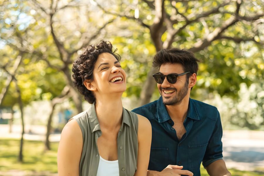 Solace Apartments A smiling woman and man sit together outdoors, laughing under sunlit trees in a park.
