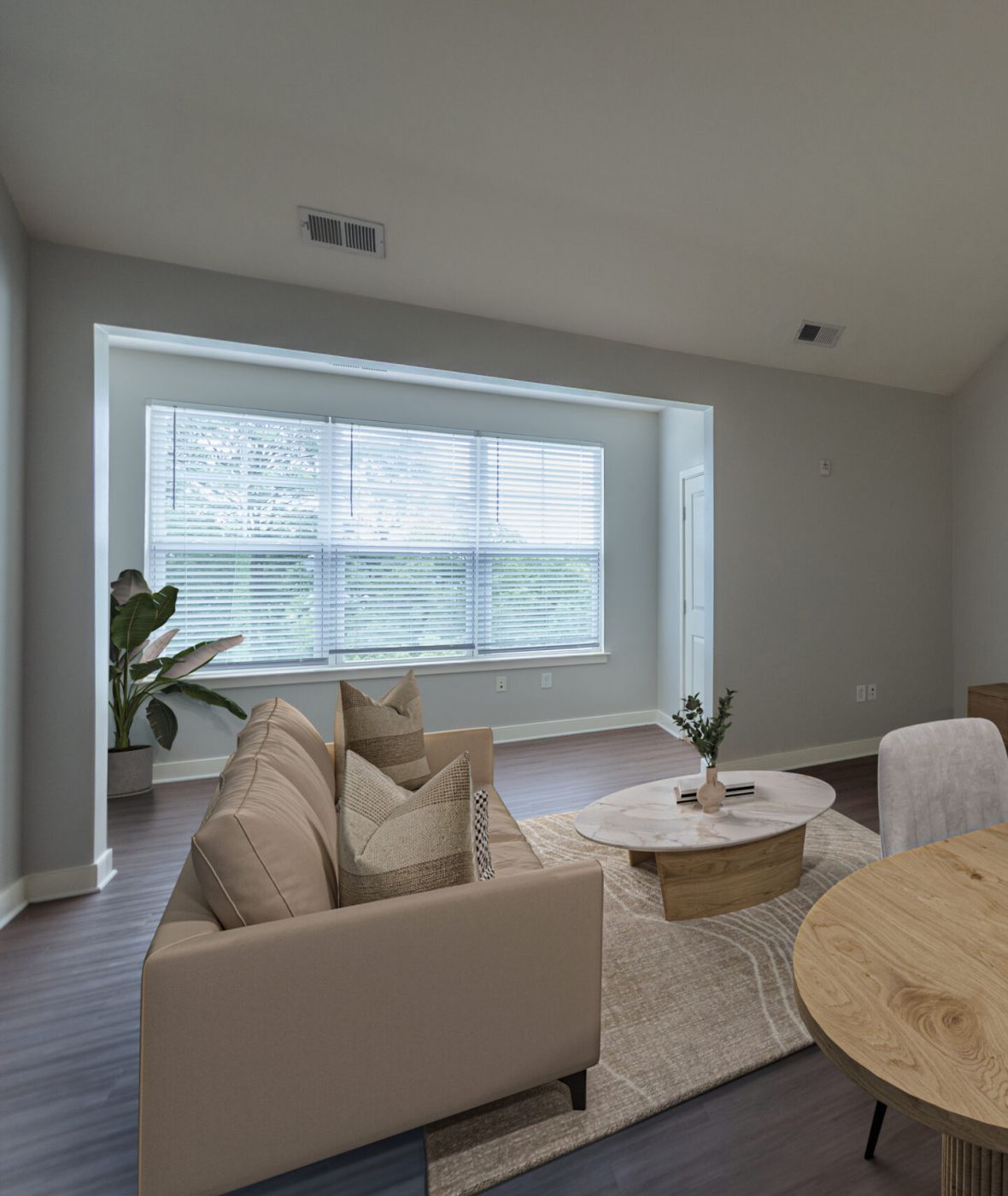 Modern living and dining area with neutral furniture, large windows, TV, round mirror, and indoor plants.