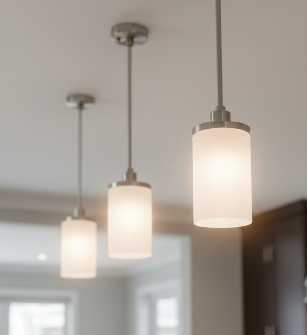 Solace Apartments Three modern pendant lights with frosted glass shades hanging from a ceiling in a bright room.