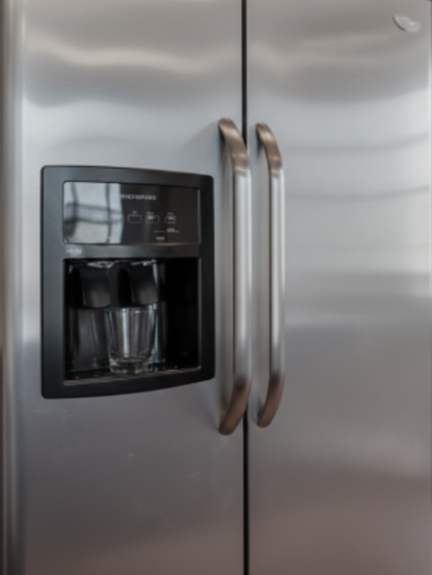 Solace Apartments A stainless steel refrigerator with a built-in water and ice dispenser and a clear glass on the tray.